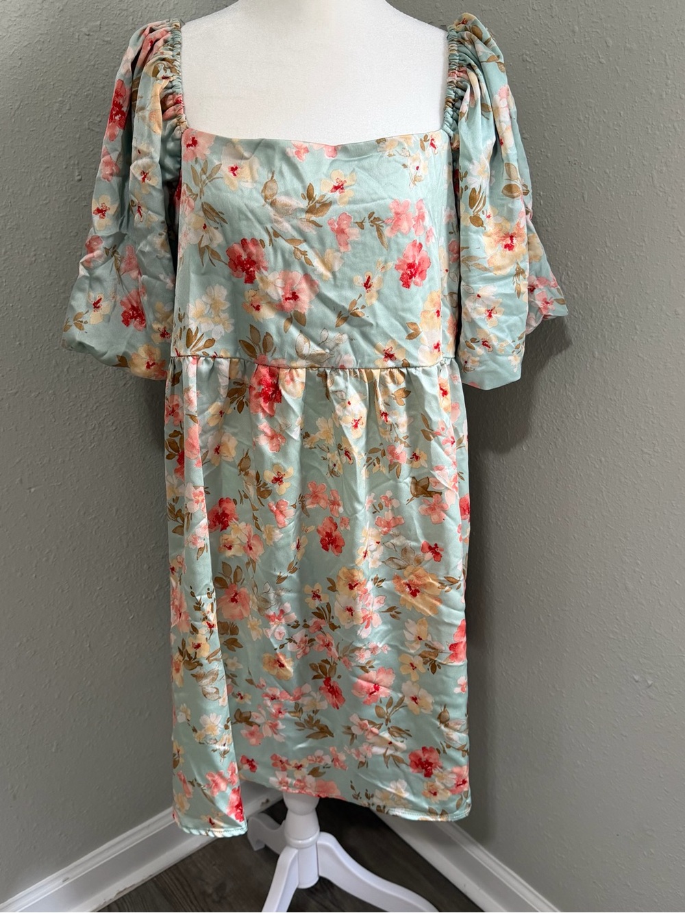 Inspired Hearts Mint Blue Floral Midi Dress with Pink and Cream Blooms